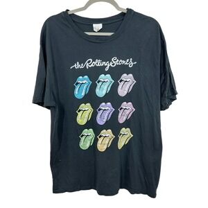 Let Luv Rolling Stones Graphic T Shirt Black Multi Color Lips Print Modal Cotton